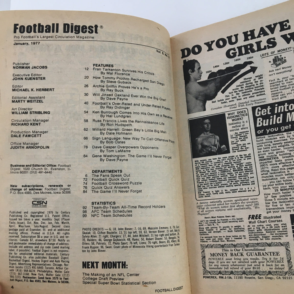 Football Digest Magazine January 1977 Fran Tarkenton Survives Critics No Label