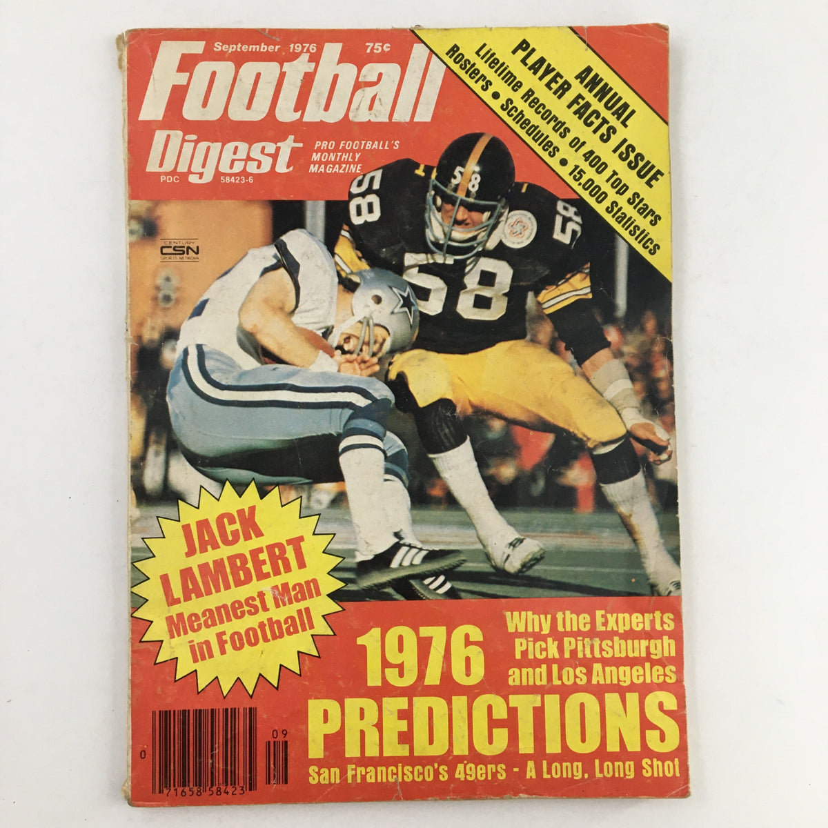 September 1976 Football Digest Magazine featuring Jack Lambert, dubbed the 'Meanest Man in Football', showcasing iconic cover design and sports highlights.