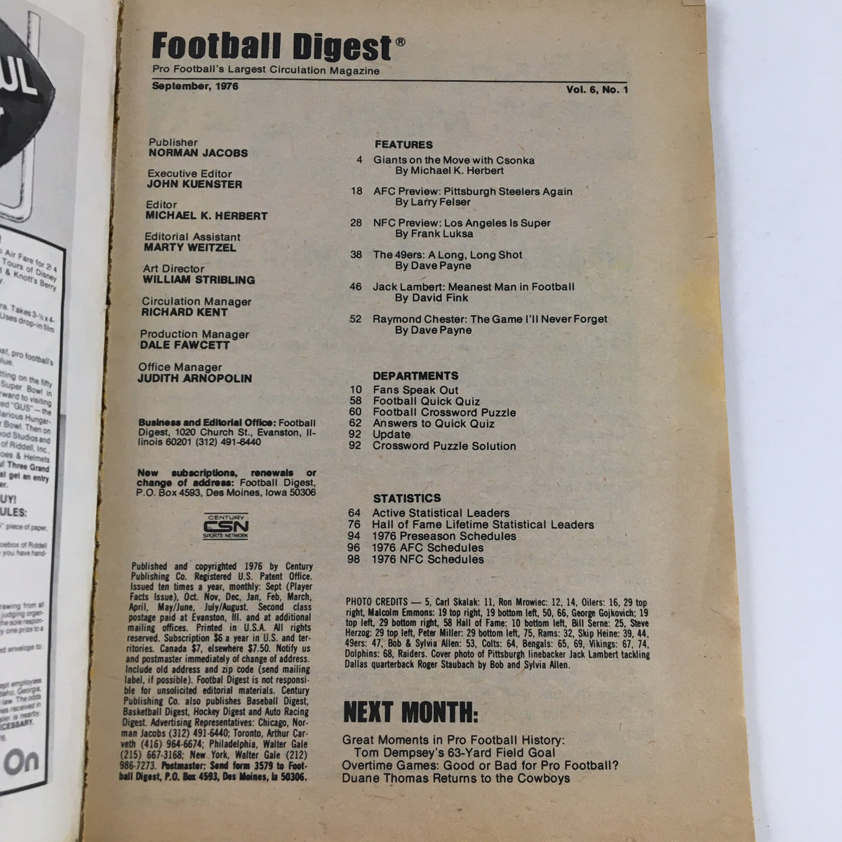 Interior page of the Football Digest Magazine from September 1976 featuring an index and article list, highlighting NFL legend Jack Lambert, known as 'The Meanest Man.' This issue captures the essence of 1970s professional football.