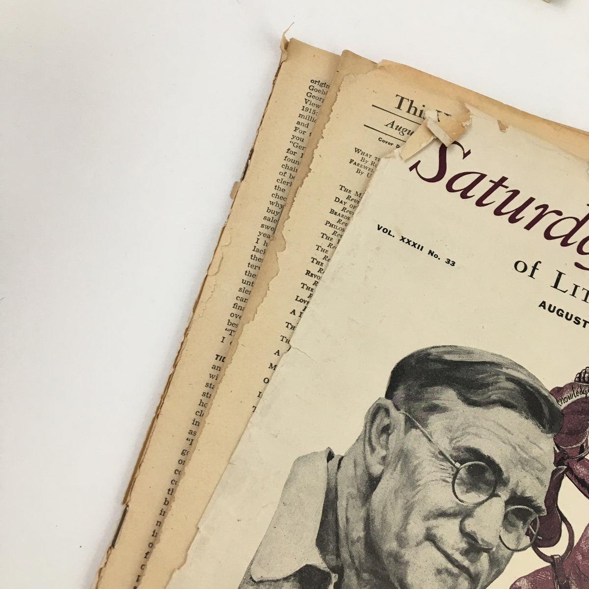 Cover and interior pages of the Saturday Review Magazine August 13, 1949, showing vintage wear and features the title 'The Mature Mind' by author H.A. Overstreet.
