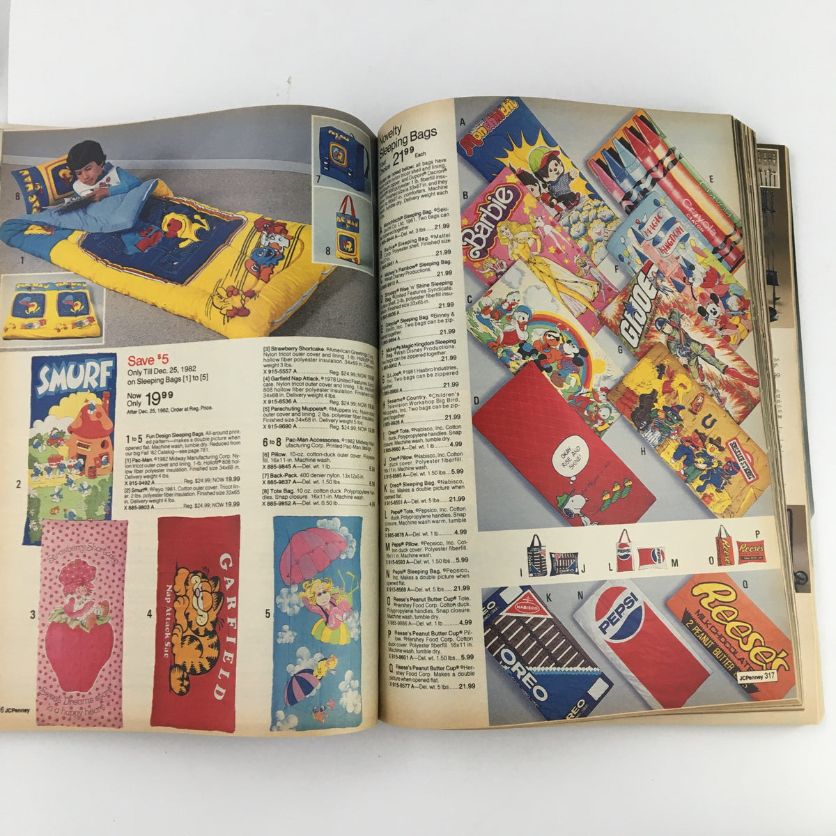 Inside pages of the 1982 JCPenney Christmas Toys and Strawberry Shortcake Price Guide Catalog, showcasing colorful bedding and character-themed items.
