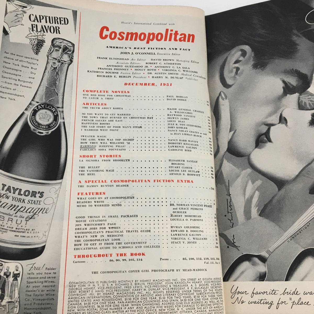 Inside page of Cosmopolitan Magazine December 1951 featuring articles and contents including a list of stories and features, showcasing the vintage charm of mid-century publications.
