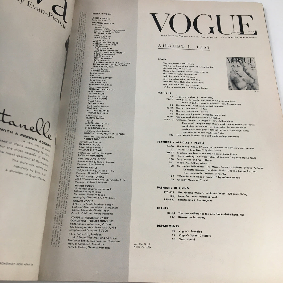 Inside cover of Vogue Magazine from August 1, 1957, featuring the table of contents and editorial staff listings, highlighting articles on fashion, beauty, and features. Title: Vogue Magazine August 1 1957 The Next Hat and The New Couture of It.