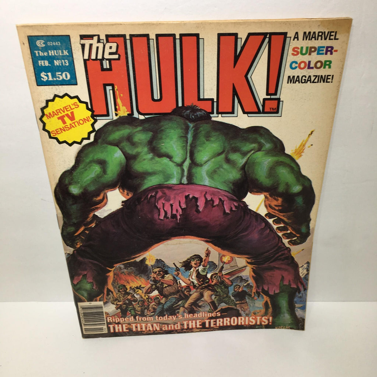 Cover of The Rampaging Hulk #13 the Titan and the Terrorists Marvel Magazine featuring the iconic green Hulk character dominating the foreground, with a battle scene in the background.