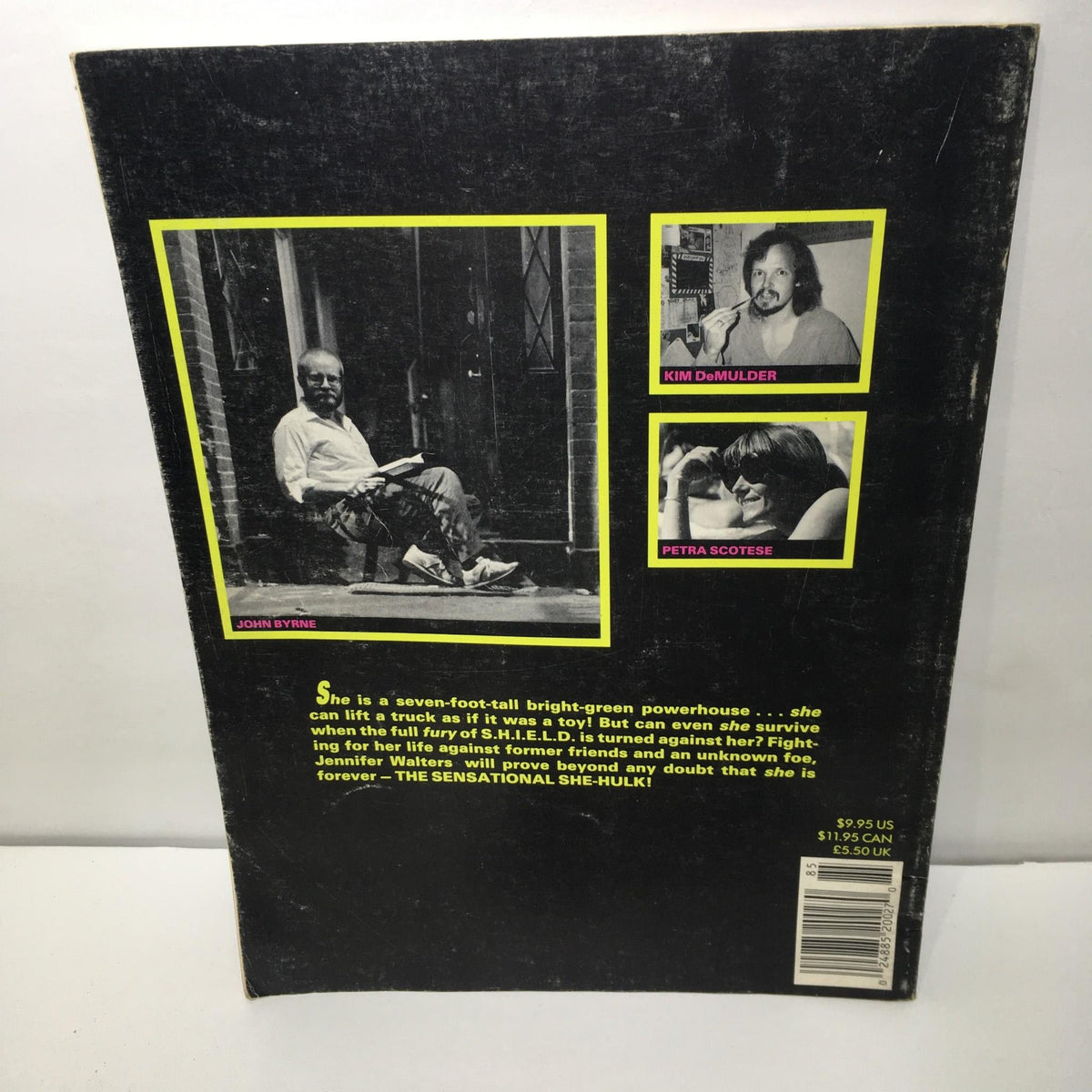 Back cover details of Stan Lee Presents: The Sensational She-Hulk magazine, highlighting a photo of the creative team and description text.
