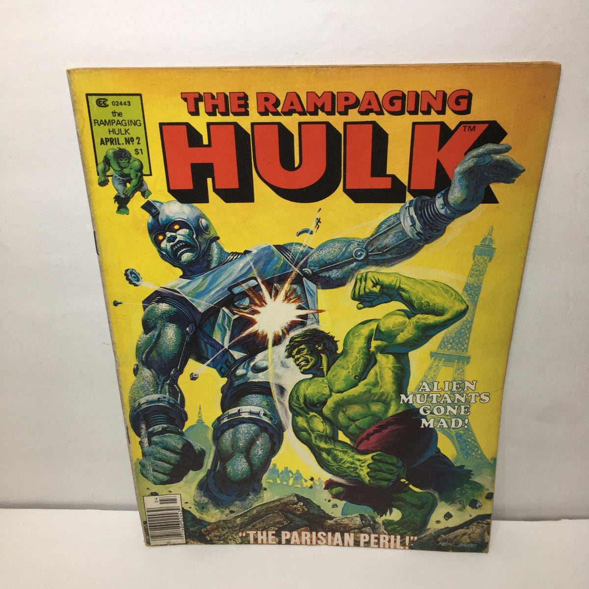 Cover of The Rampaging Hulk April No.2 titled 'The Parisian Peril!' featuring a dynamic illustration of the Hulk battling a robotic enemy with the Eiffel Tower in the background.