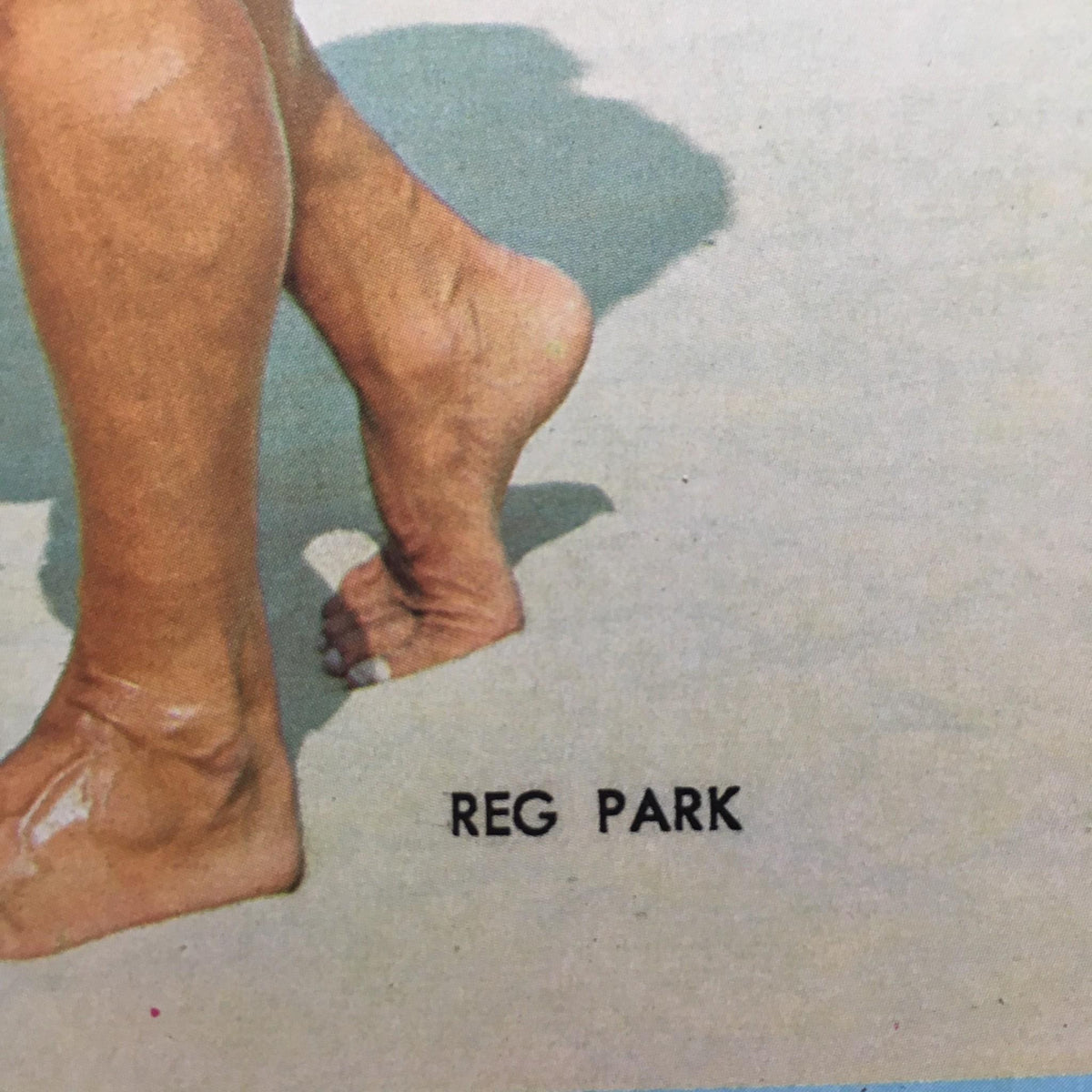 Close-up image of Reg Park from the August 1972 Muscular Development magazine, emphasizing his feet and physique.