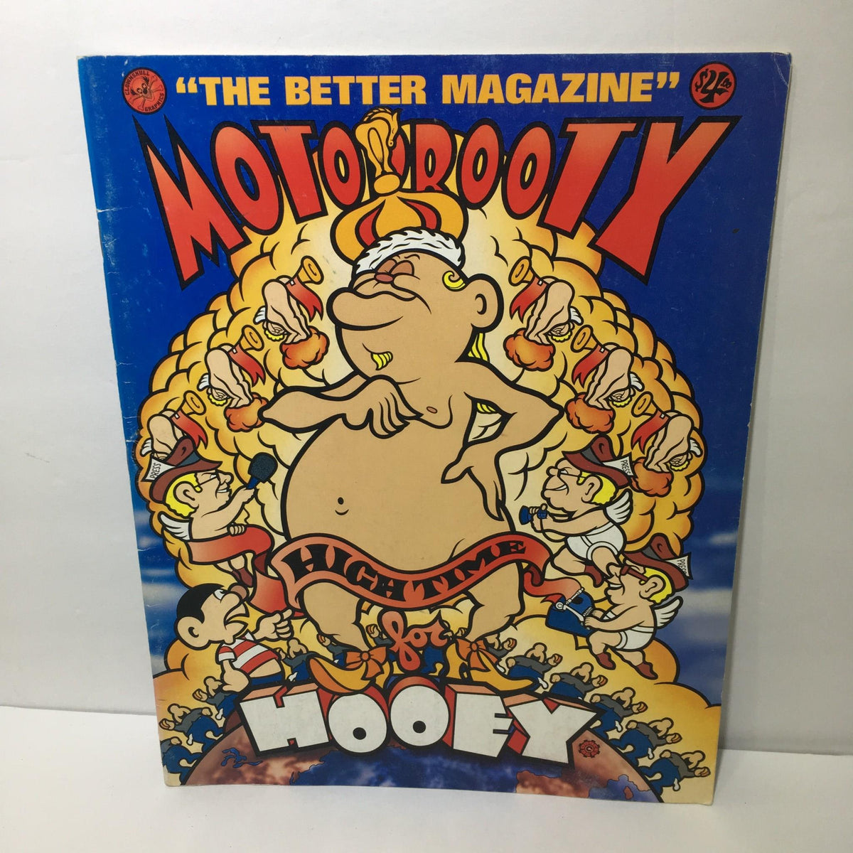 Cover of MotorBooty Music Magazine titled 'High Time for Hooey' featuring colorful cartoon illustrations of playful characters and a humorous design.