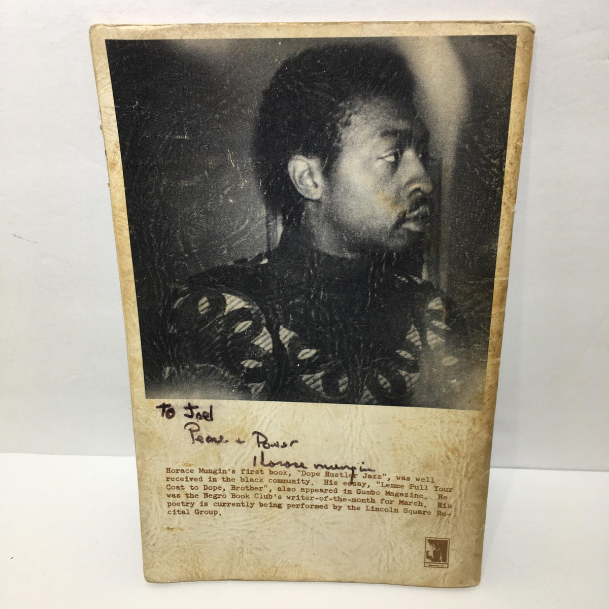 Back cover of 'Now See Here, Homes: The 2nd Book of Black Contemporary Poetry' featuring a portrait of Horace Mungin and a description of his work.