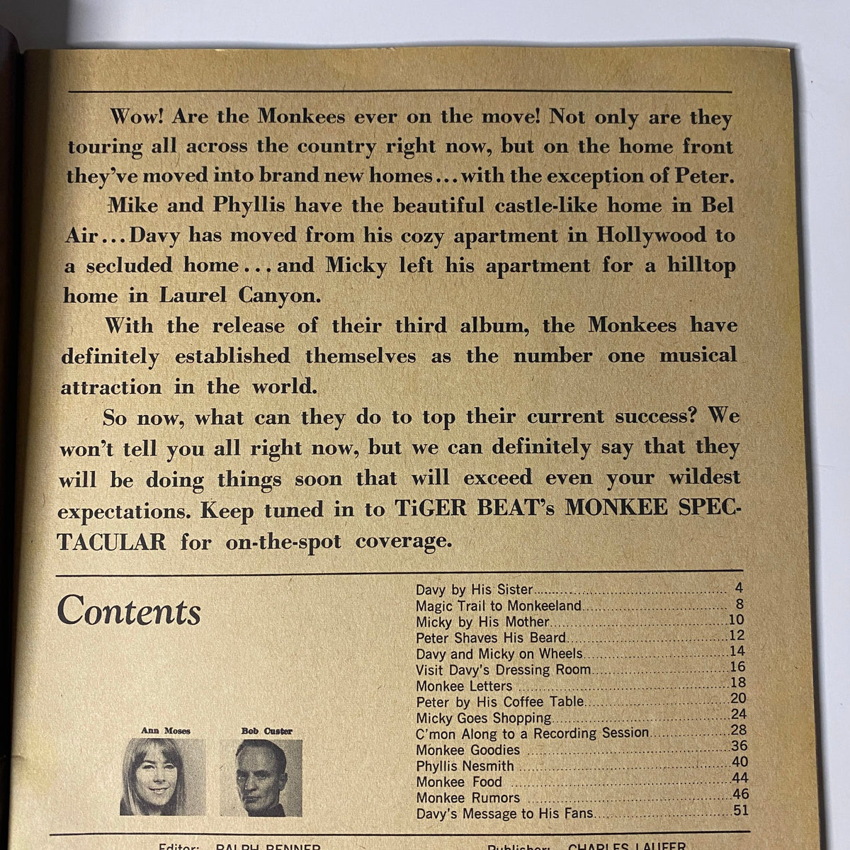 Inside page of Tiger Beat's Official August 1967 #4 Monkee Spectacular showcasing the contents with an overview of articles about the Monkees and their lives.