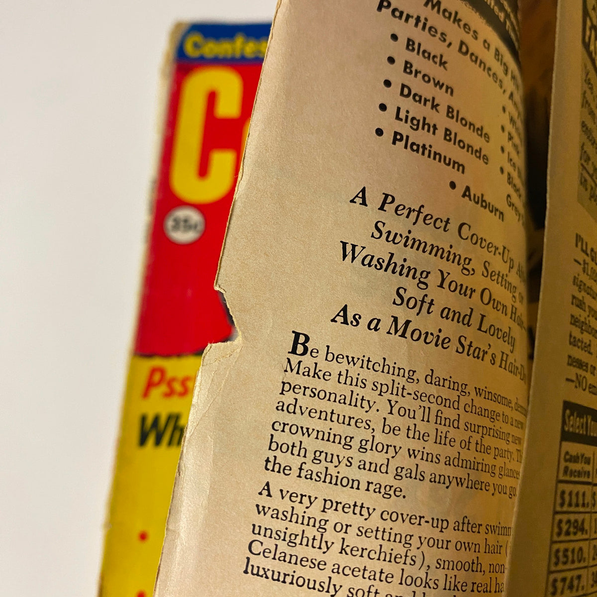 Inside page of Confidential Magazine August 1964 showing advertising for cosmetic and beauty products, illustrating the vintage aesthetic and style of the era.