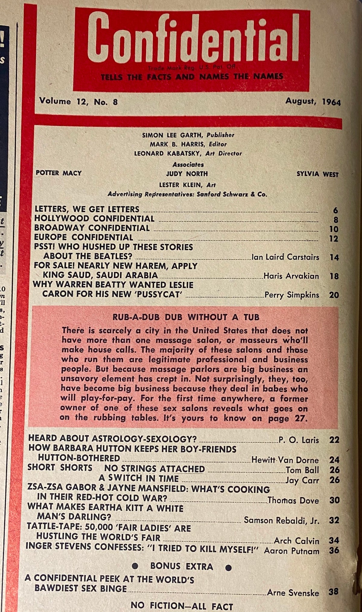 Table of contents page of Confidential Magazine August 1964 Vol. 12 No. 8 detailing various articles, including features on The Beatles and Hollywood gossip.