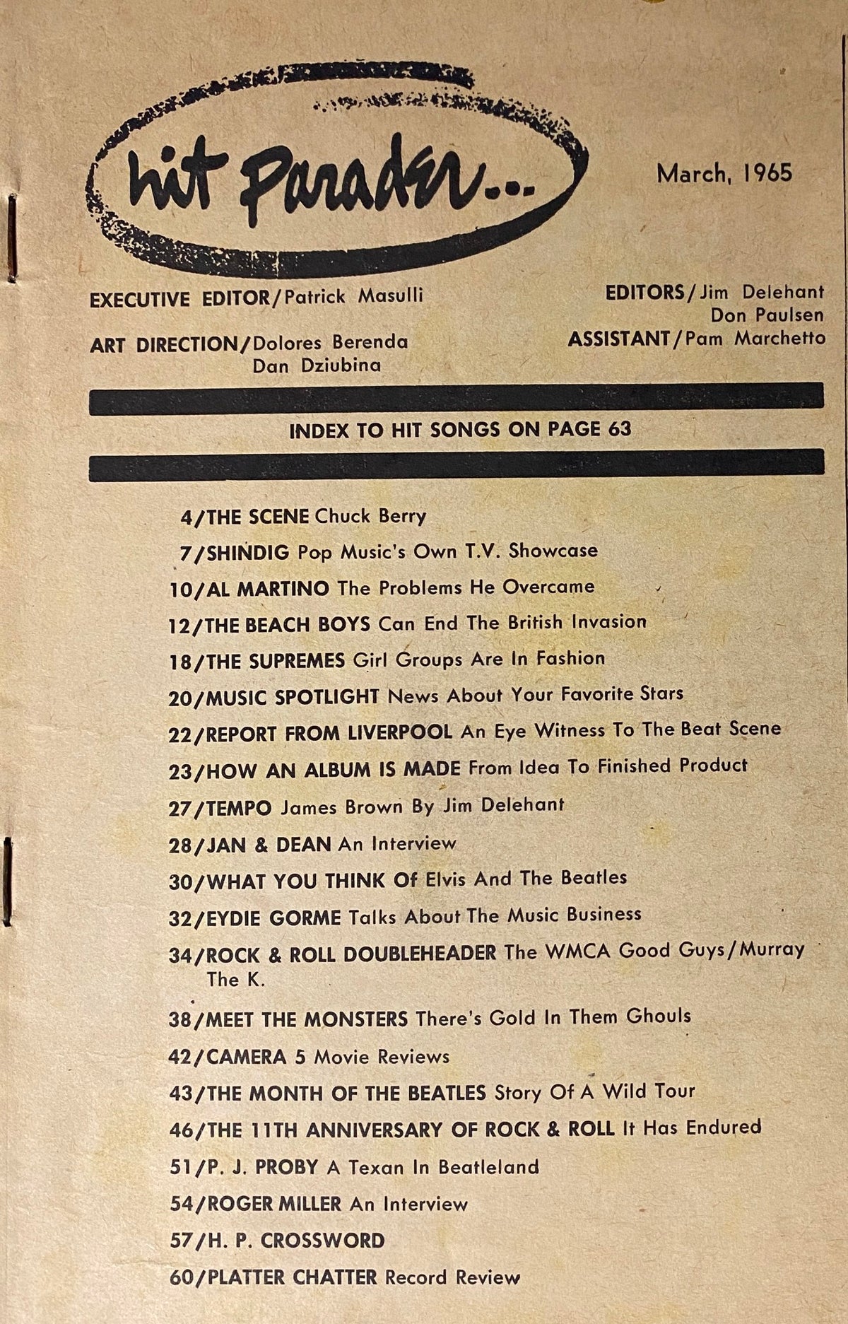 Inside pages of Hit Parader Magazine March 1965, including an index of hit songs and featured articles on artists like Chuck Berry and Al Martino.