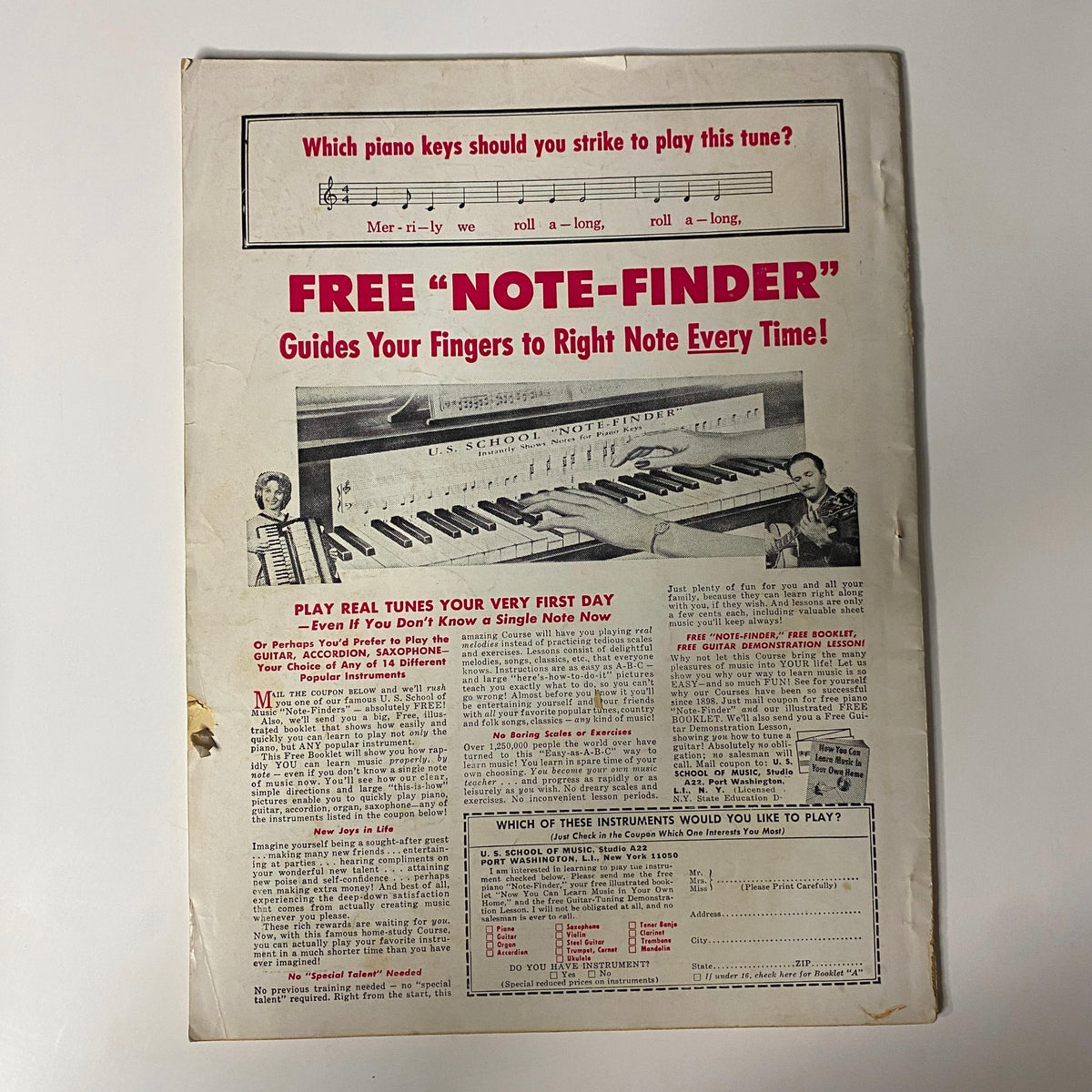 Back cover of Hit Parader Magazine March 1965, promoting a free note-finder tool for piano learners, highlighting music education resources.
