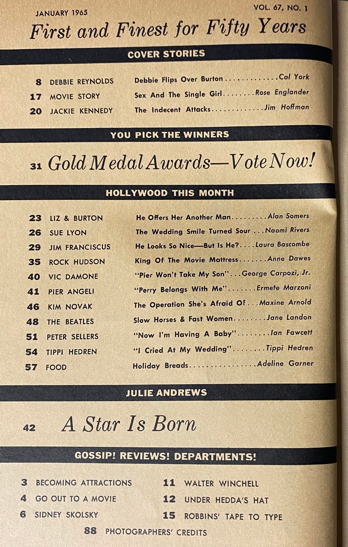 Contents page of Photoplay Magazine January 1965 Vol 67 No. 1 listing various articles including 'Liz & Burton: He Offers Her Another Man' and 'Debbie Flipped Over Burton', highlighting the magazine's focus on celebrity gossip and Hollywood news.