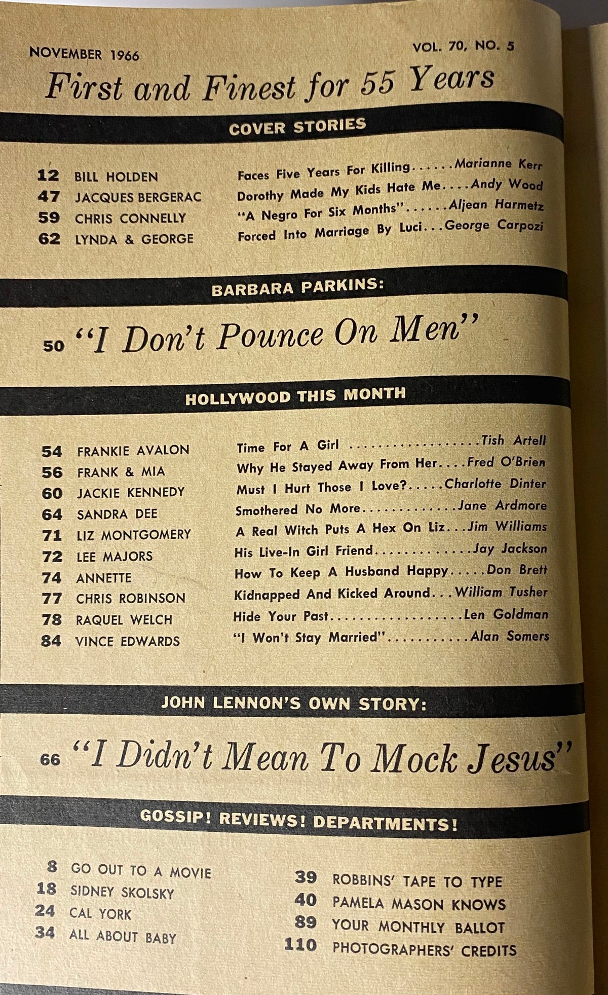 Inside of Photoplay Magazine November 1966 showcasing contents including cover stories, a special feature on Barbara Parkins, and John Lennon’s confession, highlighting the magazine's 55-year history.
