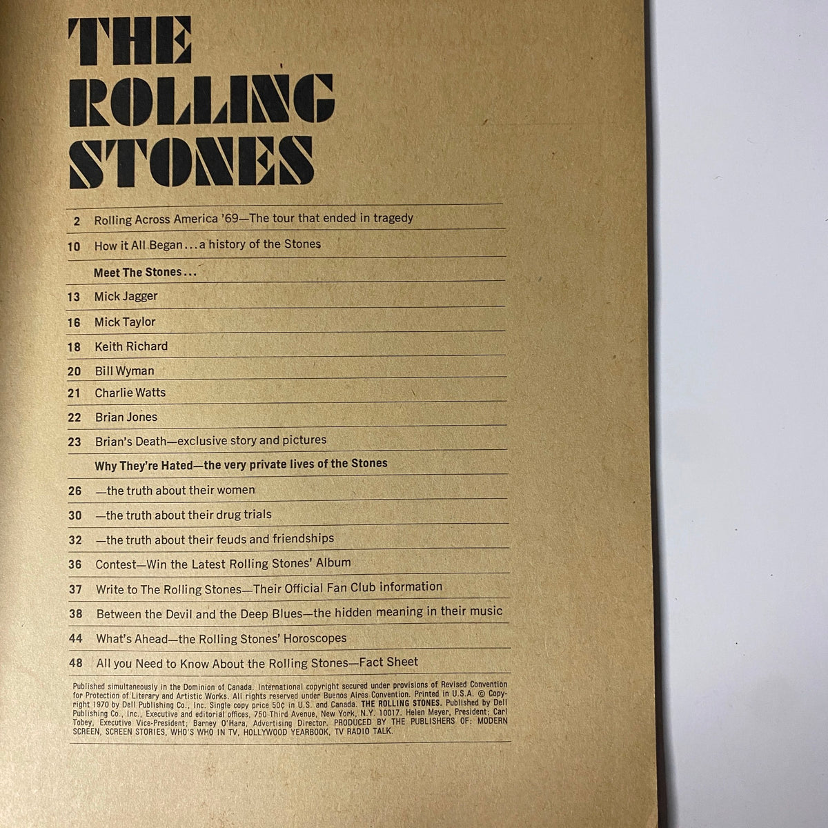 Table of contents for The Rolling Stones Magazine 1970, showcasing articles on the band's history, profiles, and behind-the-scenes insights.