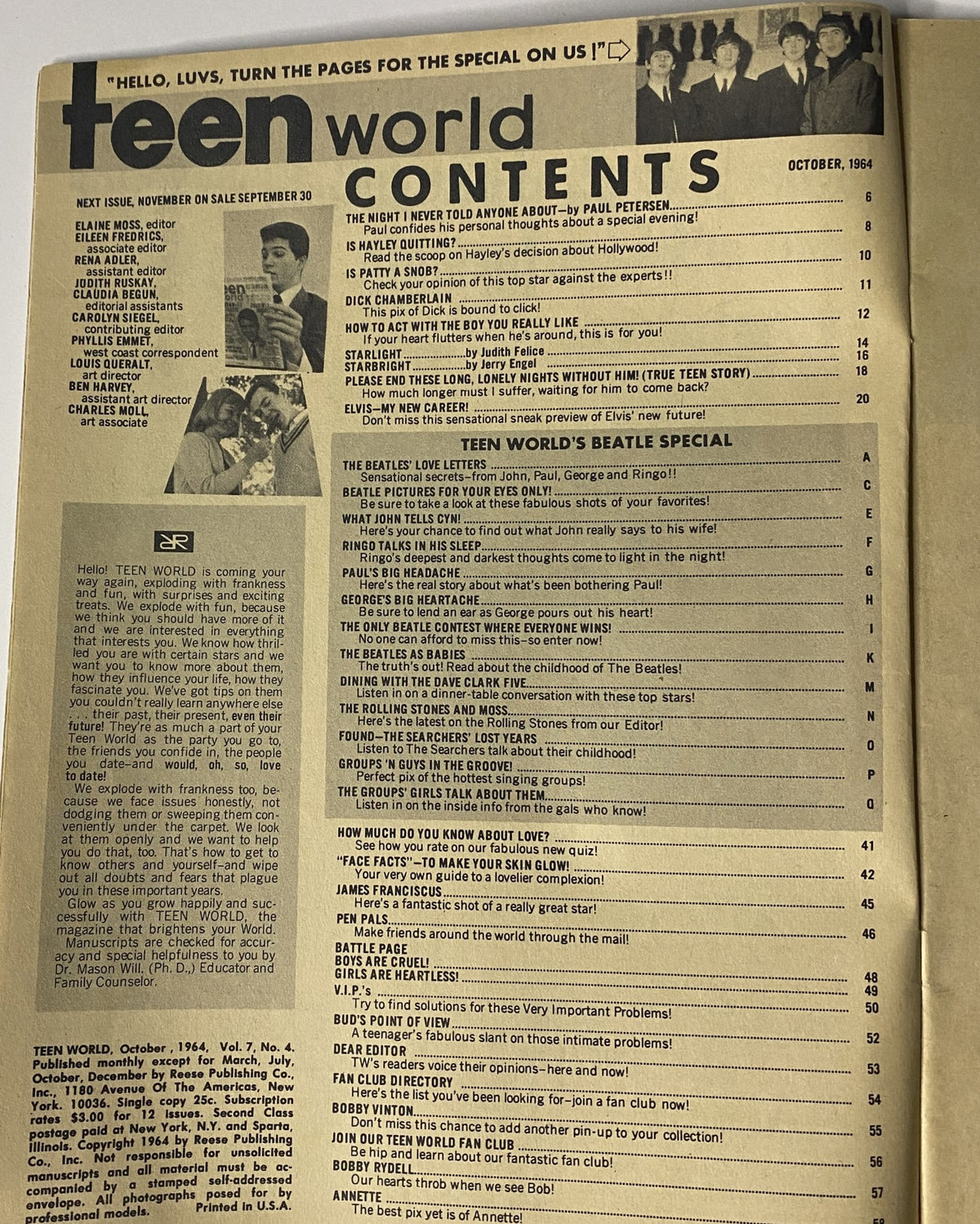 Contents page from Teen World Magazine October 1964 detailing articles including exclusive Beatles features and other teen stories.