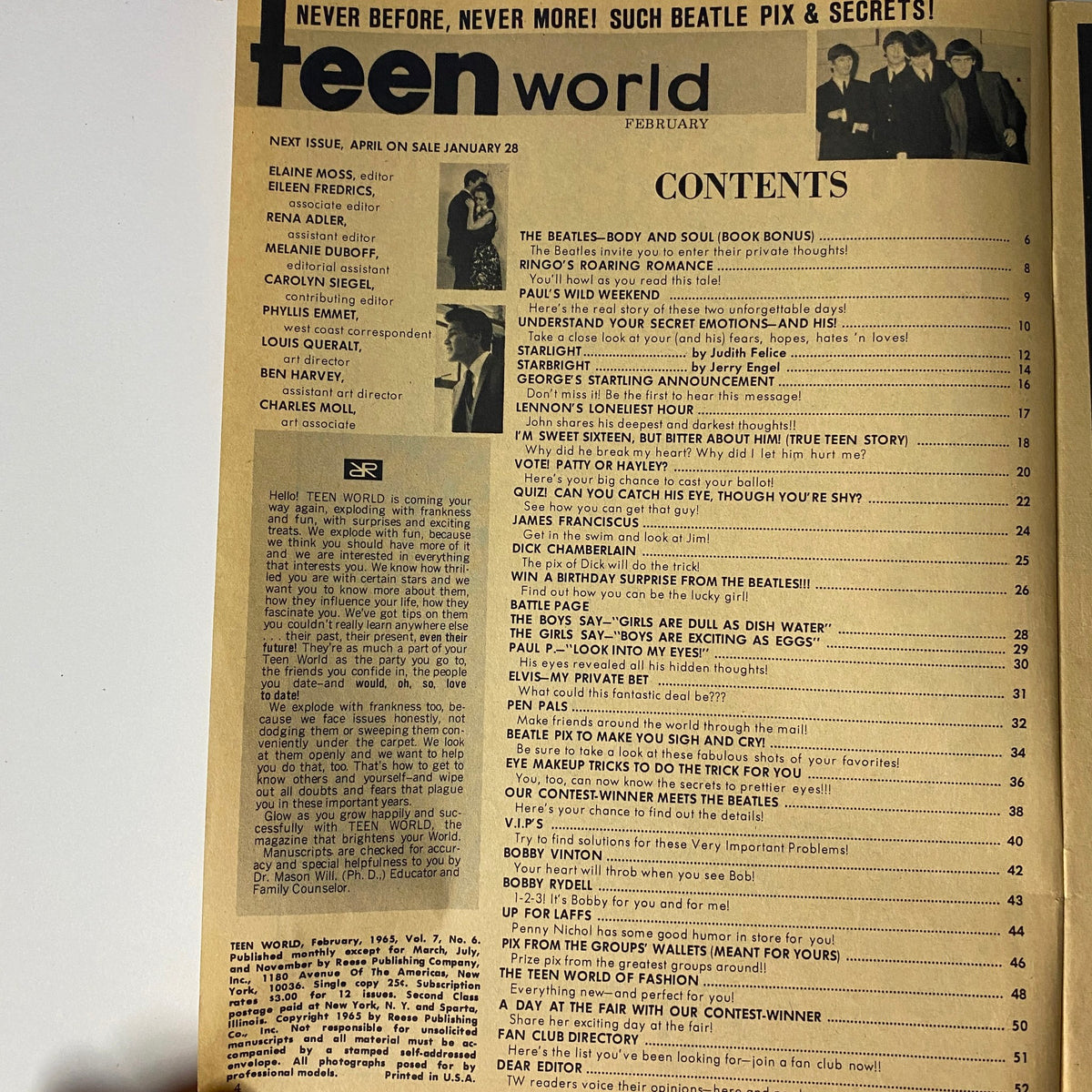 Contents page of Teen World Magazine February 1965 showcasing features on The Beatles, teen advice, and celebrity articles.