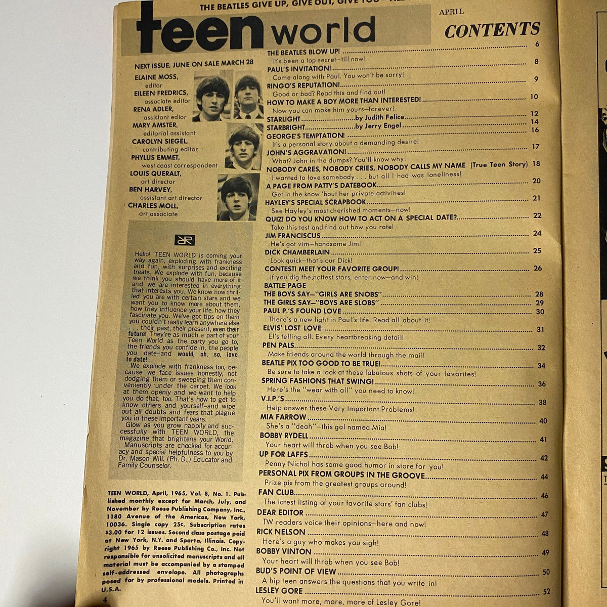 Contents page of Teen World Magazine April 1965 Vol 8 No. 1 featuring The Beatles cover, listing articles and features including 'Paul's Invitation' and 'John's Aggravation'.