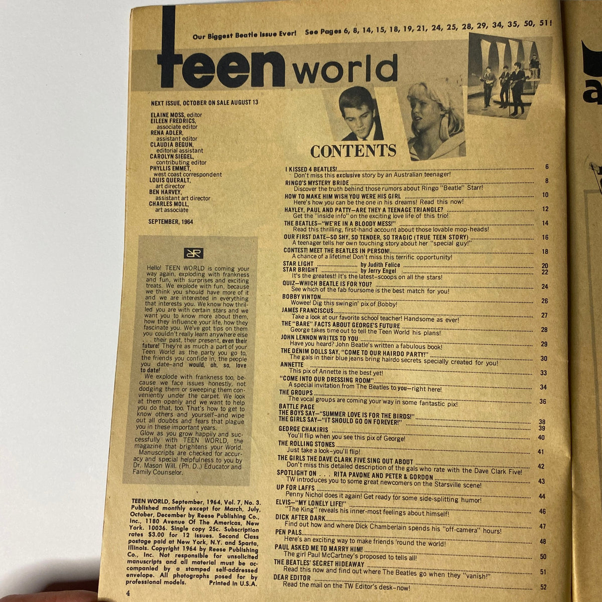 Interior page of Teen World Magazine September 1964 Vol 7 No 3 displaying the contents, highlighting features and articles about The Beatles and their popularity during Beatlemania.