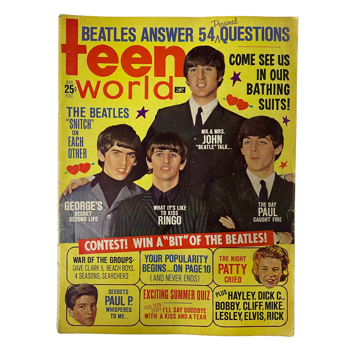 Teen World Magazine August 1964 Vol 7 No 2 featuring The Beatles on the cover, showcasing articles and features about the band including 'The Beatles Answer 54 Questions', and 'What It’s Like to Kiss Ringo'.