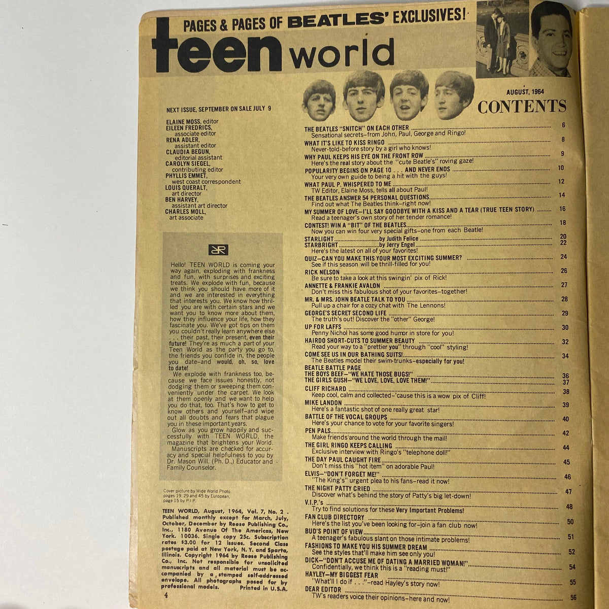 Contents page of Teen World Magazine August 1964 Vol 7 No 2, listing features and articles including The Beatles, with highlights on quizzes, teen lifestyle, and celebrity insights.