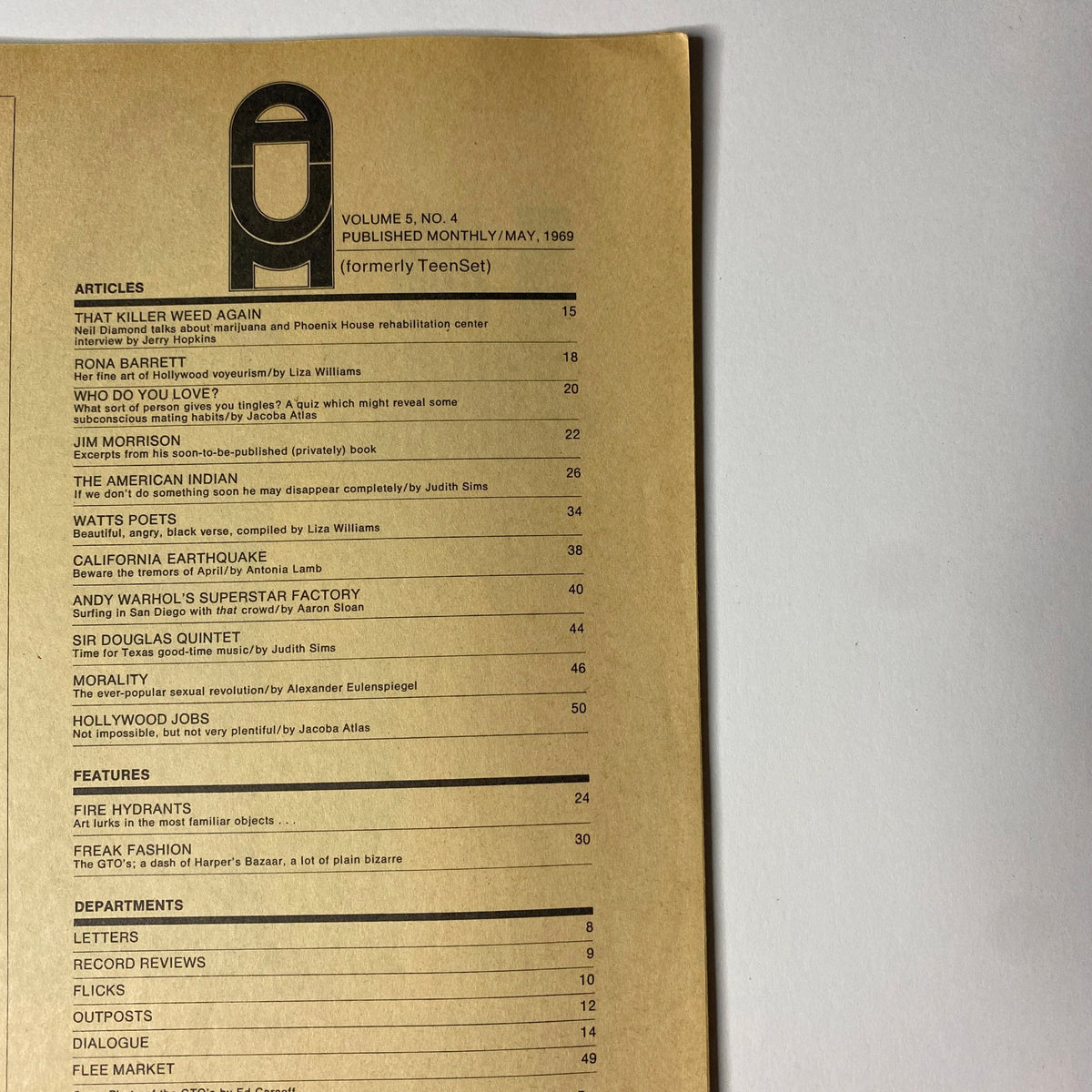 Table of contents from America's Underthirty Magazine, May 1969, Vol. 5 No. 4 highlighting articles and features including 'That Killer Weed Again', 'Jim Morrison', and 'Andy Warhol's Superstar Factory'.