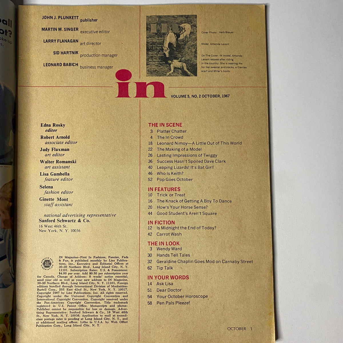 Inside page of In Magazine October 1967 featuring the table of contents including articles and features related to teen culture, music, and advice - Amanda Levant Cover, No Label, VG.