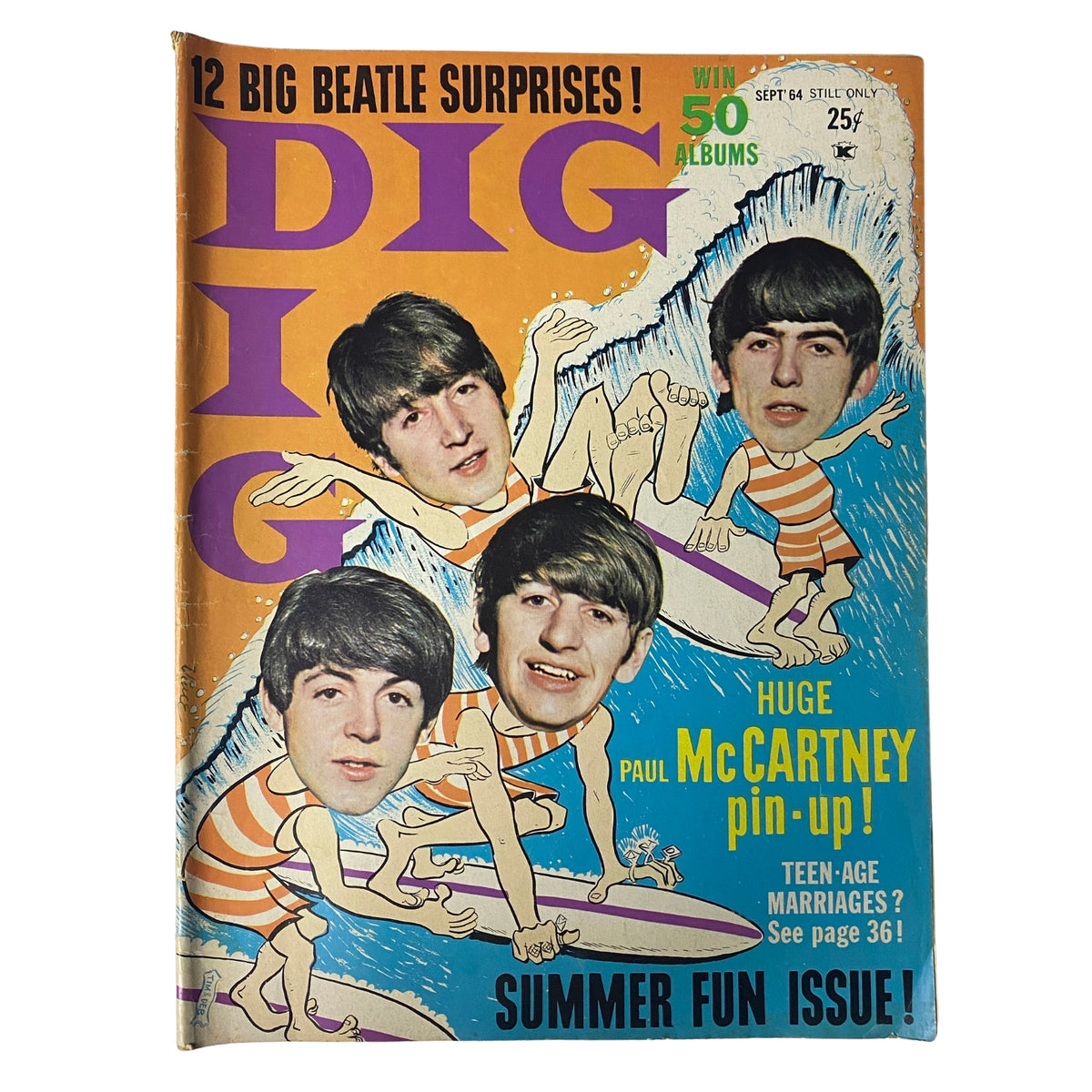 Cover of Dig Magazine September 1964 (Vol 11 No 5) featuring The Beatles. Illustrated with multiple faces of Paul McCartney Photoshopped on surfers. Summer theme with text highlighting '12 Big Beatle Surprises!' and 'Huge Paul McCartney Pin-Up!'.