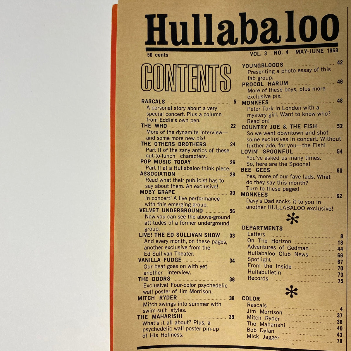 Contents page of Hullabaloo Magazine May-June 1968 Vol 3 No. 4 detailing articles and features, including pieces on The Rascals, The Who, and Jim Morrison, along with various departments and color features.