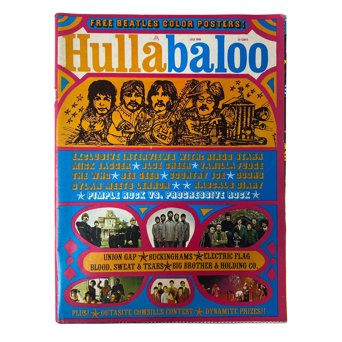 Hullabaloo Magazine July 1968 Vol 3 No. 5 cover featuring The Beatles with vibrant colors and design, showcasing exclusive content and posters.