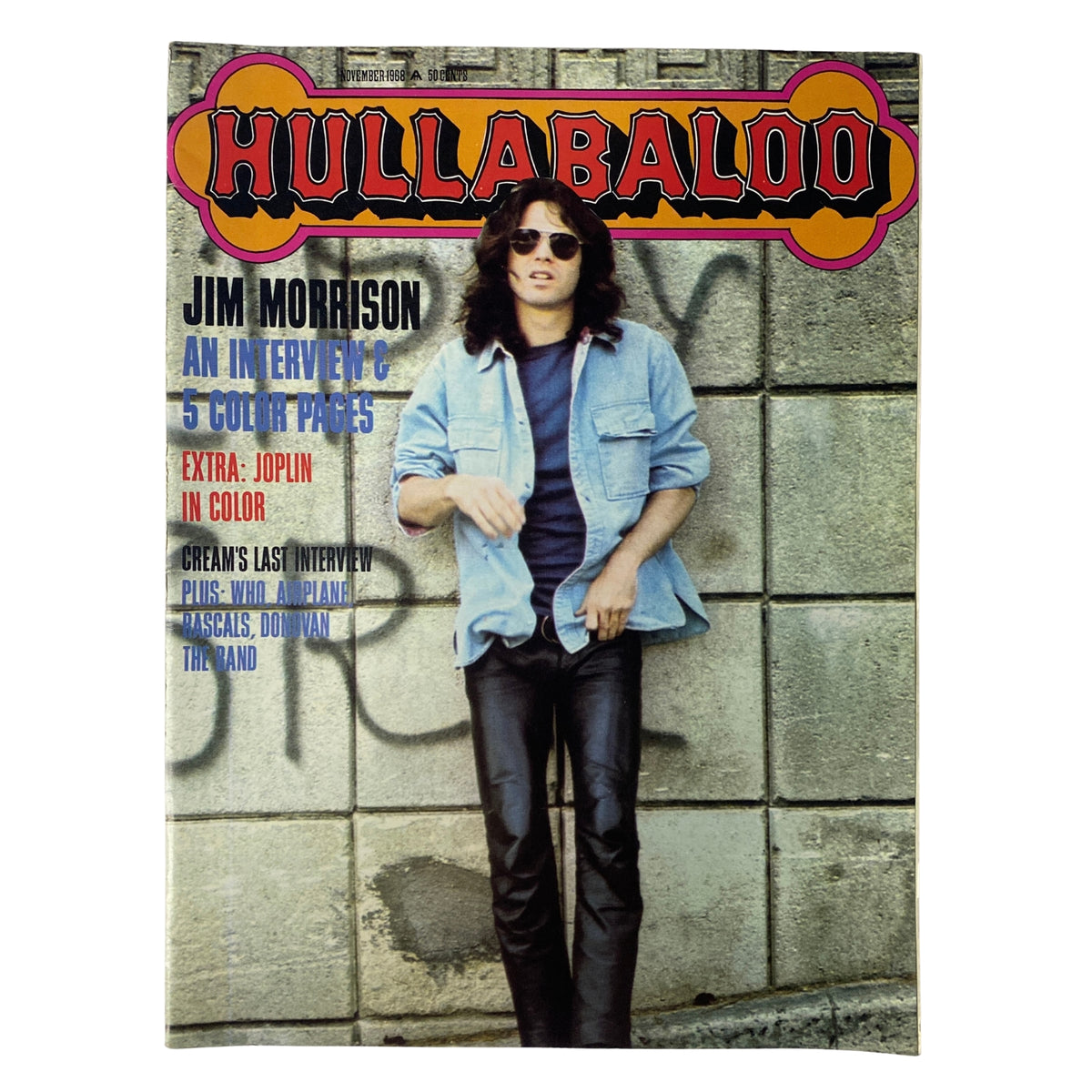 Hullabaloo Magazine November 1968 cover featuring Jim Morrison, showcasing a stylish rock aesthetic with psychedelic colors.