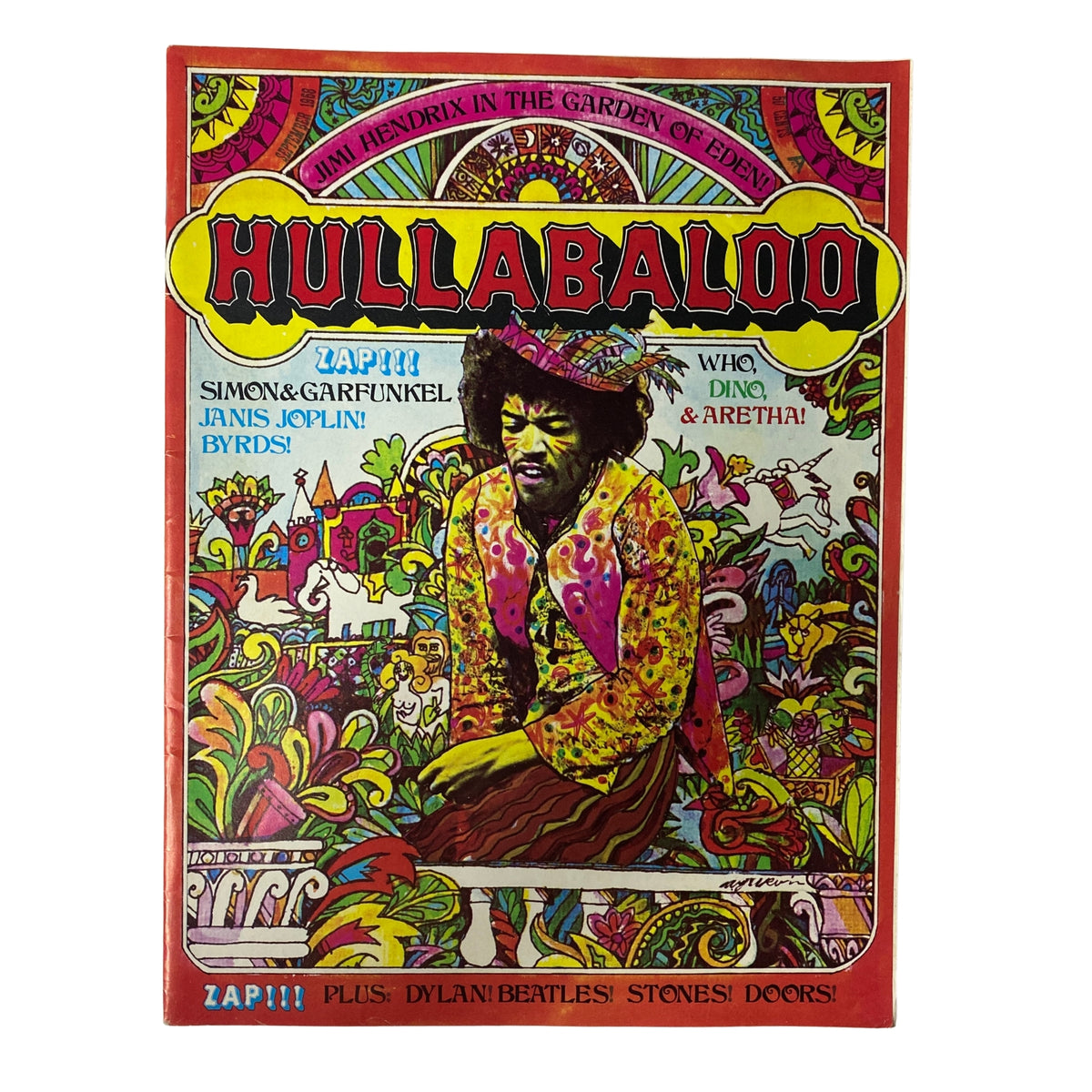 Hullabaloo Magazine September 1968 cover featuring Jimi Hendrix in vibrant colorful attire, showcasing the psychedelic culture of the 1960s.