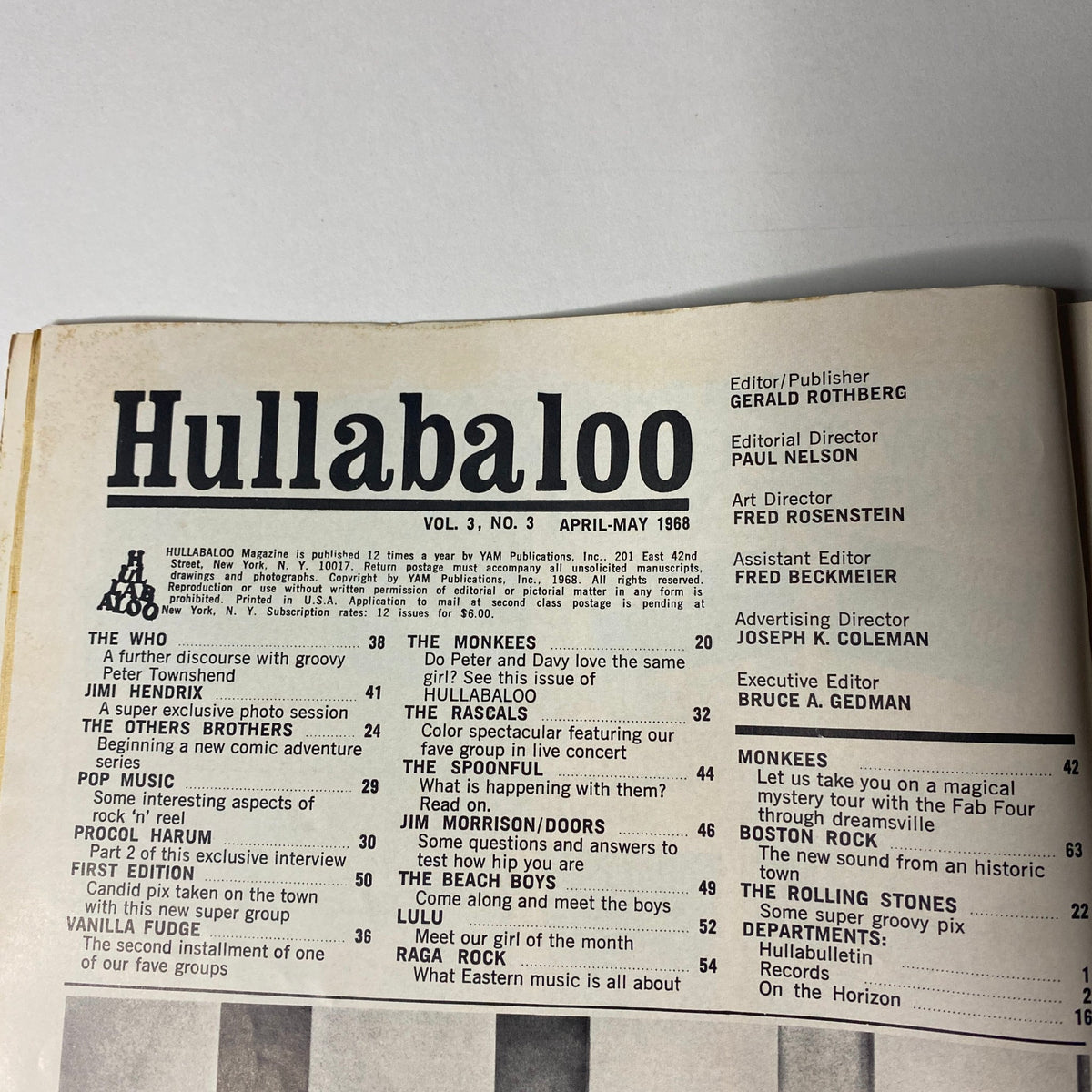 Interior page of Hullabaloo Magazine April-May 1968 Vol 3 No. 3 displaying the table of contents, highlighting interviews and features on artists like The Monkees and Procol Harum.