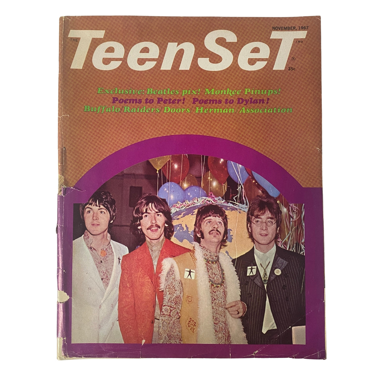 Teen Set Magazine November 1967 cover featuring The Beatles with vibrant colors and festive decorations.