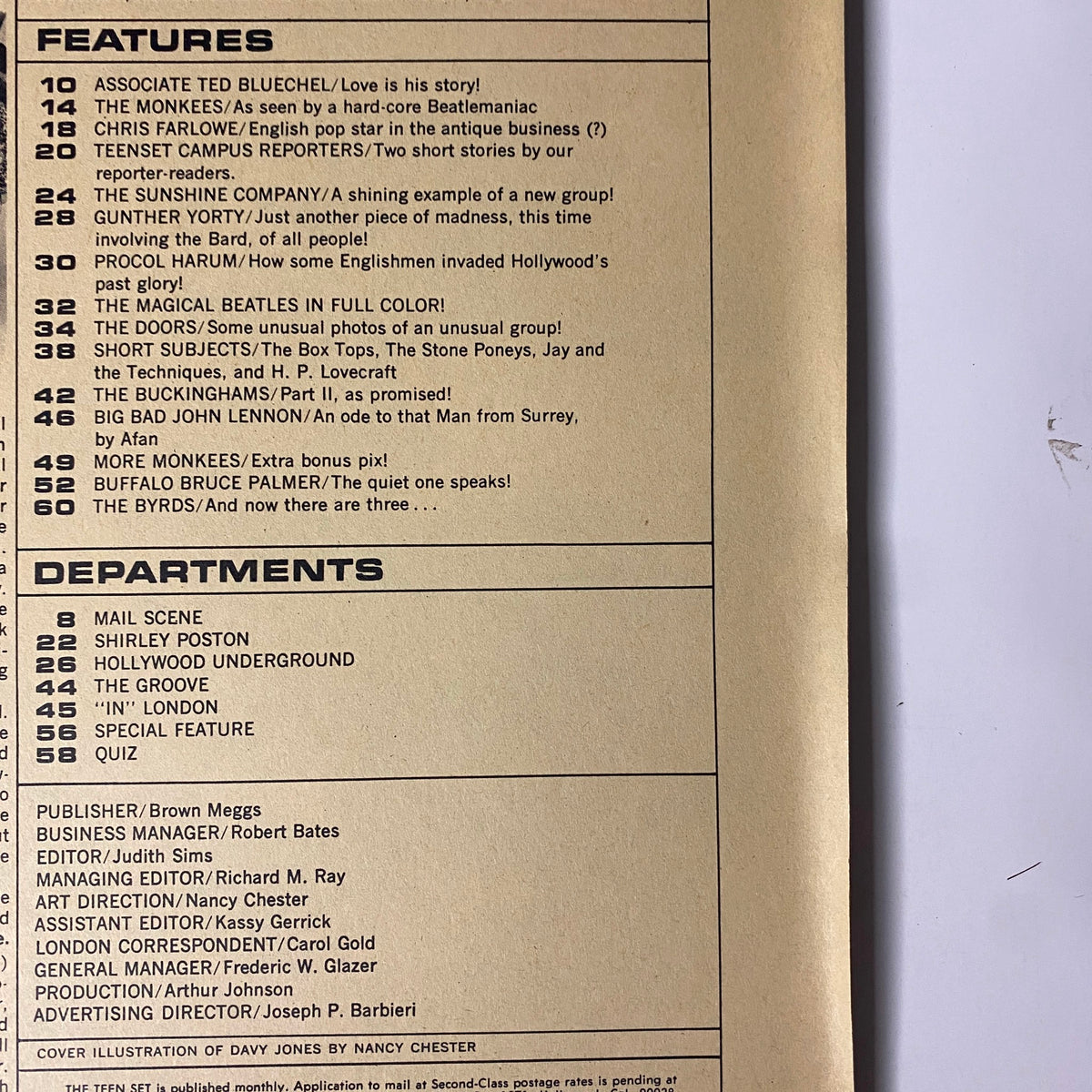 Back cover of TeenSet Magazine March 1968 displaying the features and departments list, including contributions from known artists and pop culture highlights.