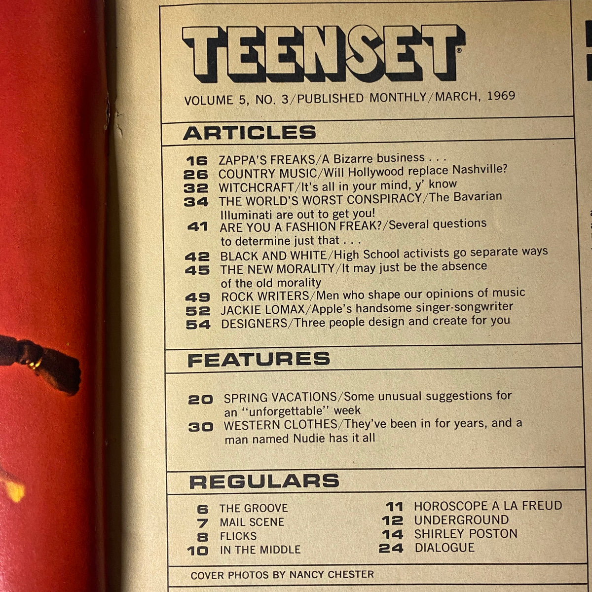 Interior page of TeenSet Magazine March 1969 Vol 5 No. 3 listing articles including features on Zappa, country music, and a fashion quiz, showcasing cultural discussions of the era.