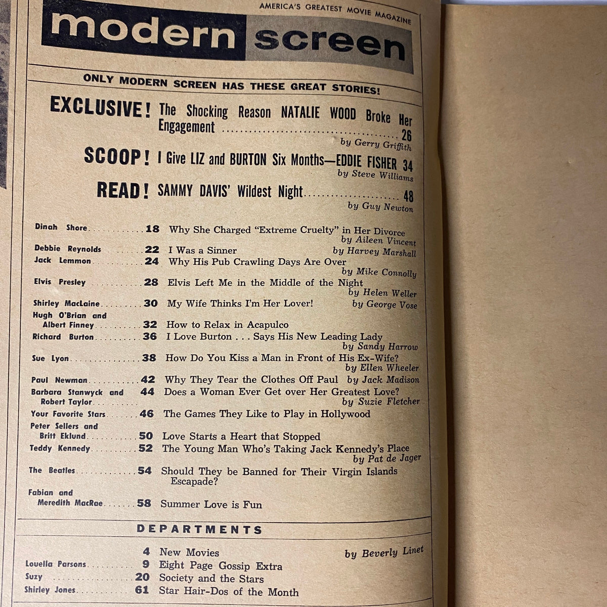 Interior page from Modern Screen Magazine August 1964, listing exclusive interviews and features, including articles on Debbie Reynolds, Liz Taylor, and various Hollywood scandals.