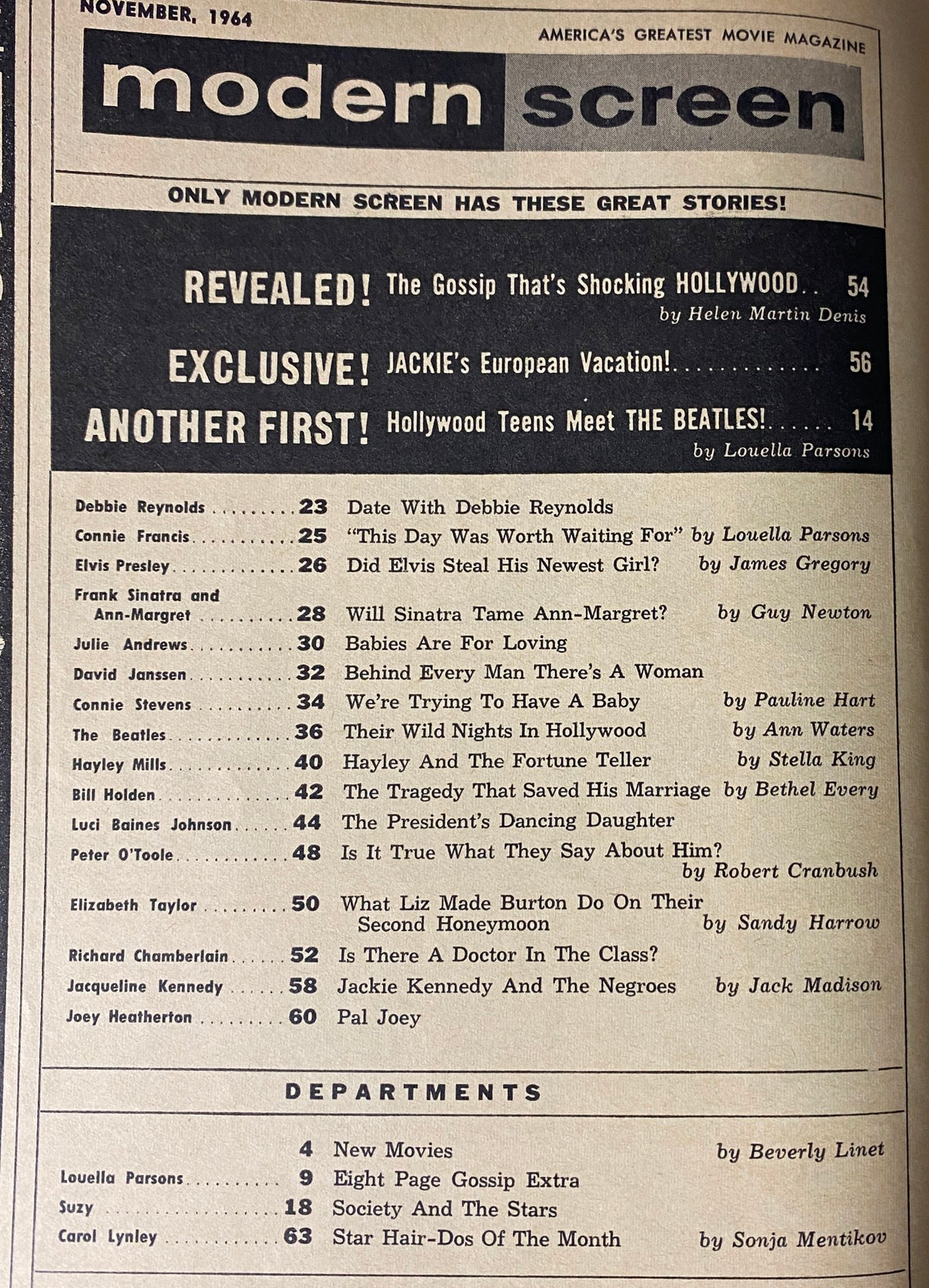 Inside page of Modern Screen Magazine November 1964 displaying a content list with feature stories on Debbie Reynolds, Jackie Kennedy, Elizabeth Taylor, and many more. A glimpse into Hollywood gossip and cultural insights from the mid-1960s.