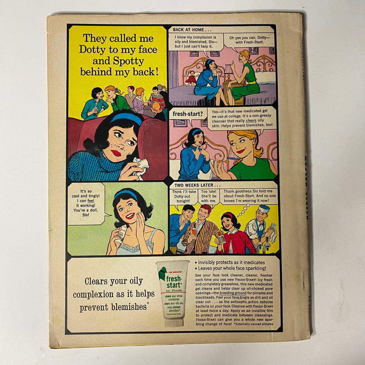 Back cover of Modern Screen Magazine November 1964 featuring a comic-style illustration of a woman discussing skincare concerns, promoting 'fresh-start' complexion treatment, relevant to its theme of celebrity culture and beauty trends.