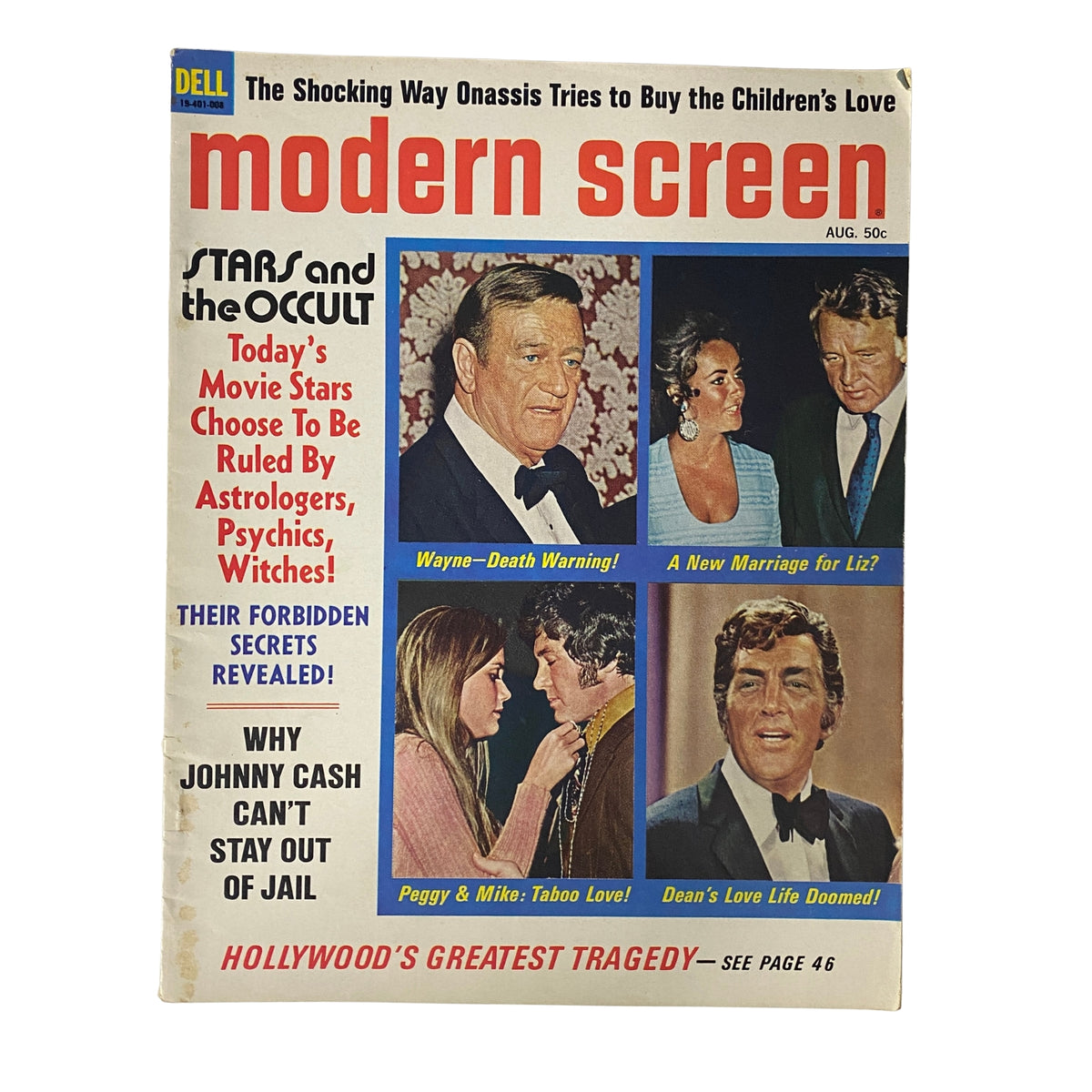 Modern Screen Magazine August 1970 cover featuring Joe Namath, Glen Campbell, and other celebrities. The issue includes stories about Hollywood scandals and insights into the lives of famous personalities such as Audrey Hepburn and Johnny Cash. A collectible magazine showcasing vintage entertainment from the 1970s.