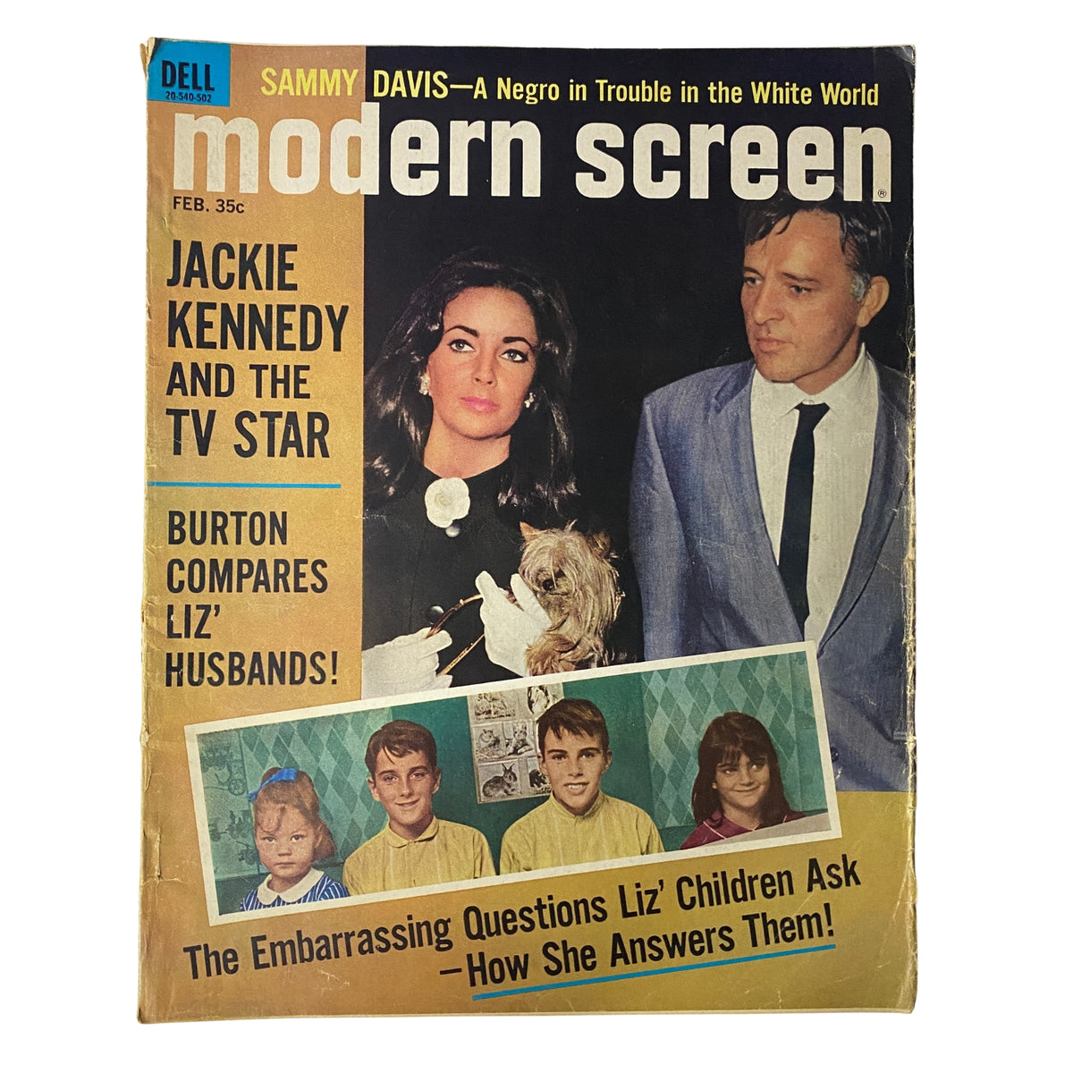 Modern Screen Magazine February 1965 featuring Elizabeth Taylor and Richard Burton, highlighting the turbulent romance of the stars alongside stories of Jackie Kennedy and other celebrities.