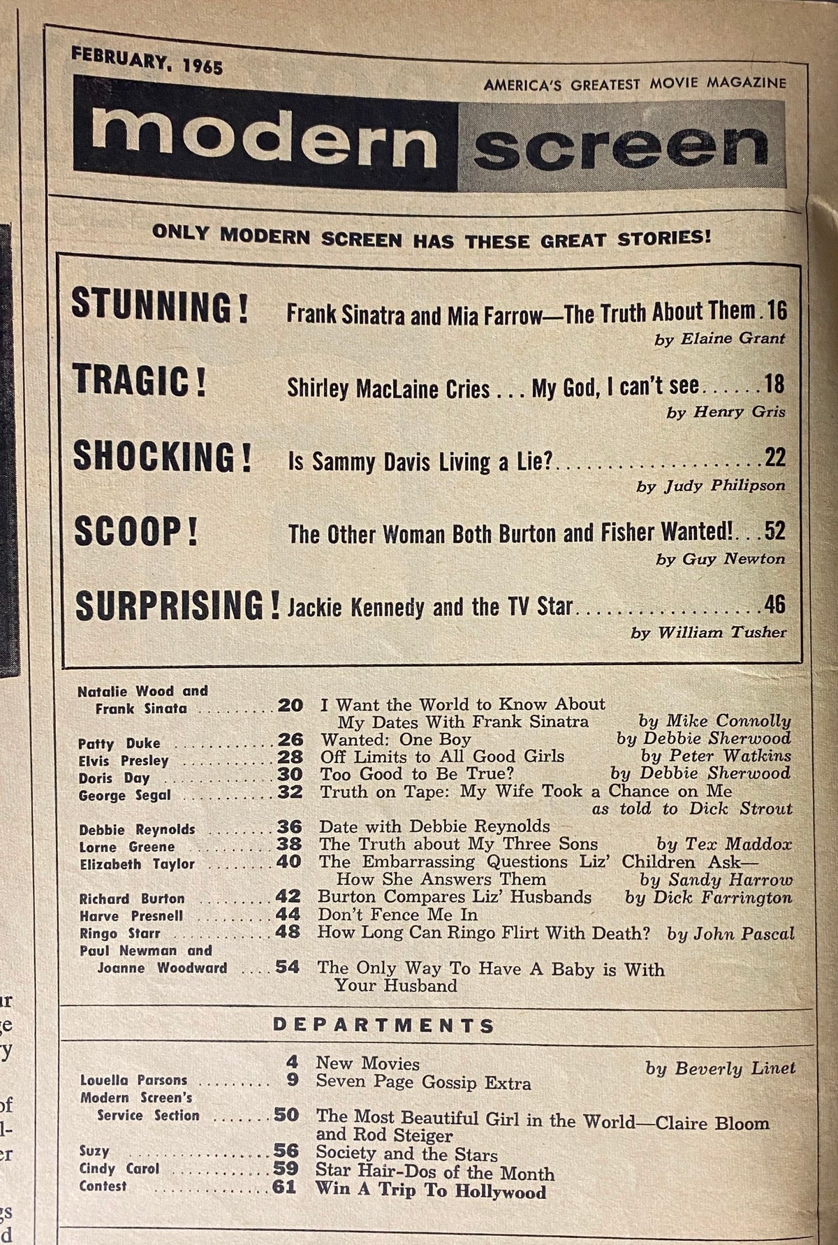 Table of contents for Modern Screen Magazine February 1965, showcasing featured articles on celebrities like Frank Sinatra, Sammy Davis Jr., and the high-profile romance between Elizabeth Taylor and Richard Burton.