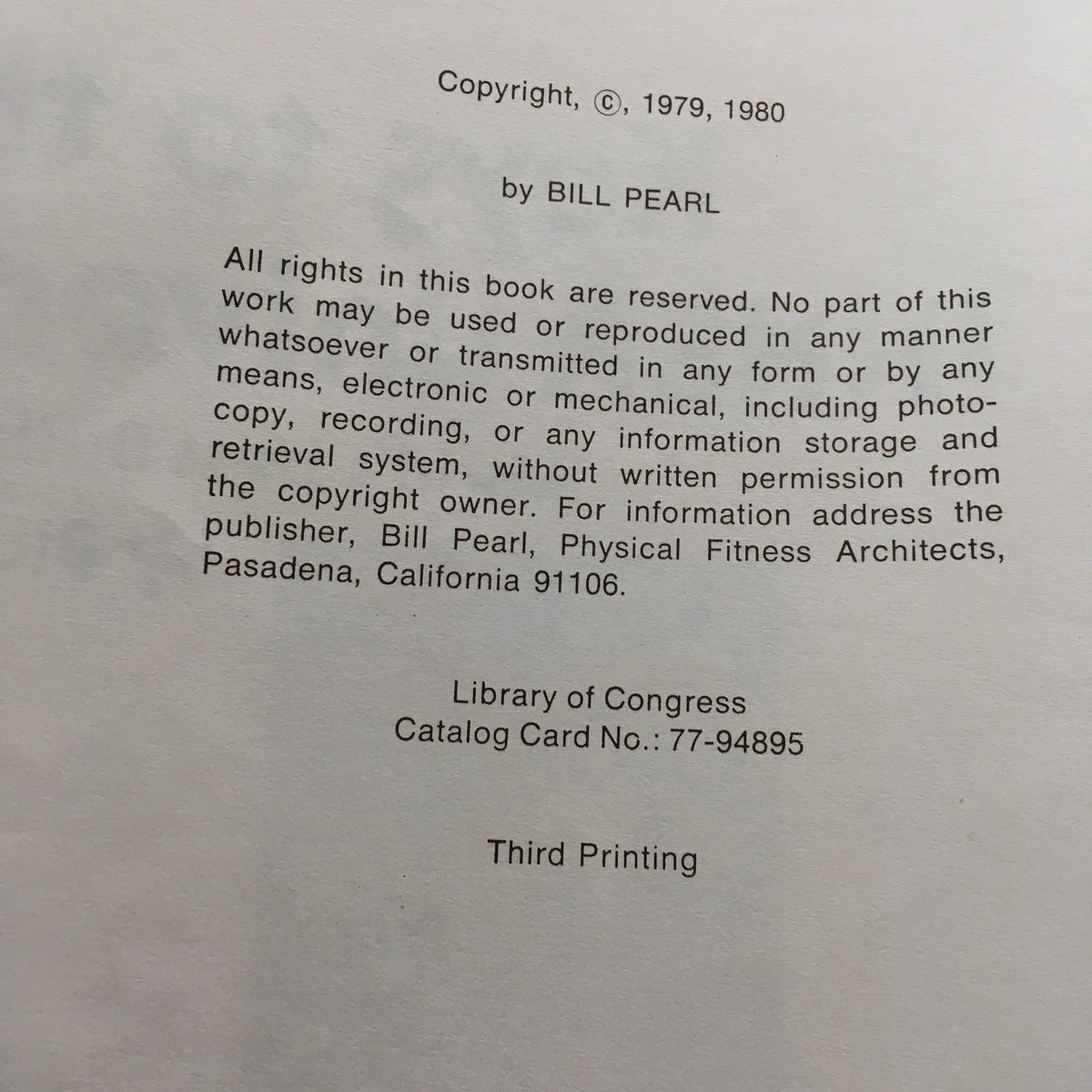 Copyright page from 'Keys to the Inner Universe Vol. 1' 1980 by Bill Pearl, indicating third printing and publication year.