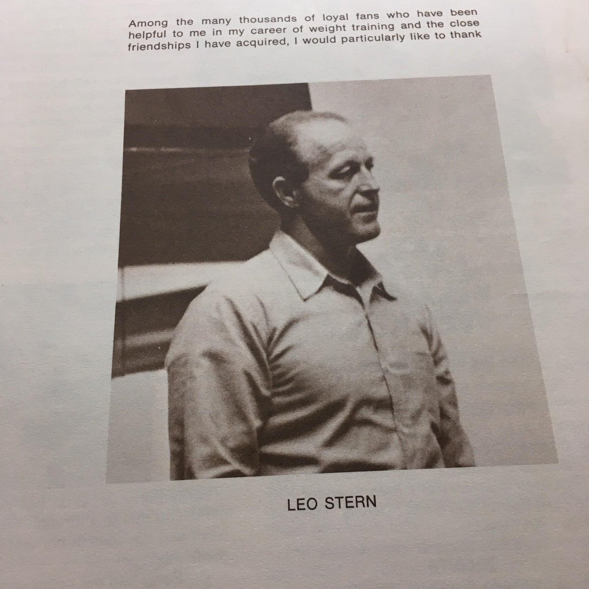 Page from 'Keys to the Inner Universe Vol. 1' 1980 by Bill Pearl, featuring an image and tribute to Leo Stern, a notable figure in bodybuilding.