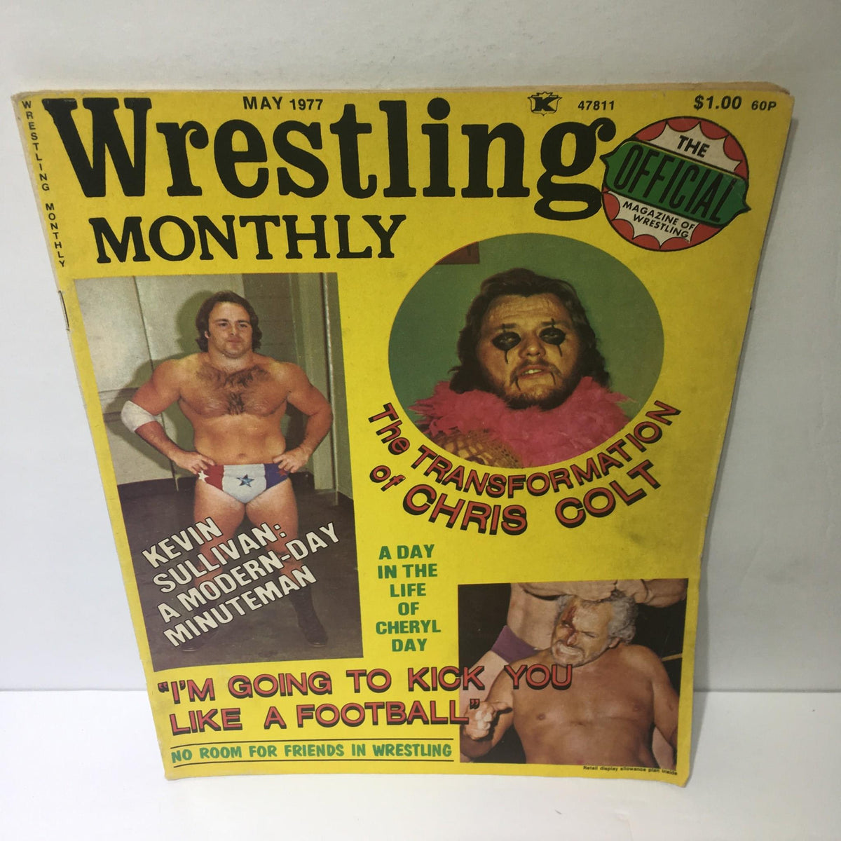 Wrestling Monthly Magazine May 1977 featuring Kevin Sullivan, the cover highlights articles including 'The Transformation of Chris Colt' and the tagline 'I'm Going to Kick You Like a Football'.
