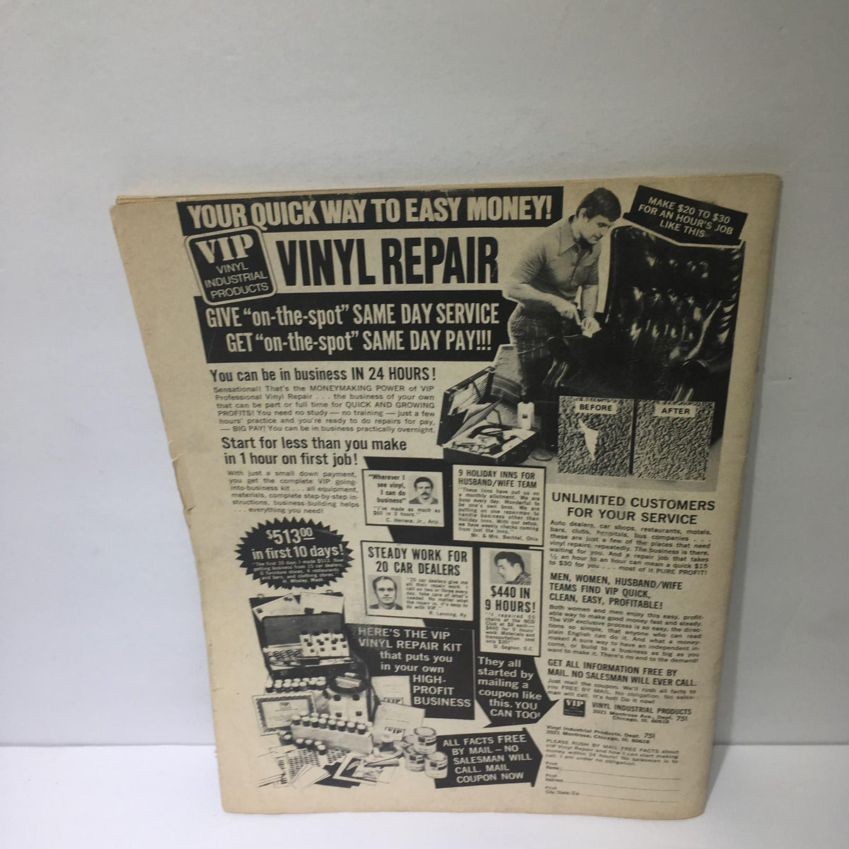 Back cover of the Wrestling Monthly Magazine May 1977 showing an advertisement for vinyl repair services, emphasizing easy money-making opportunities for individuals.