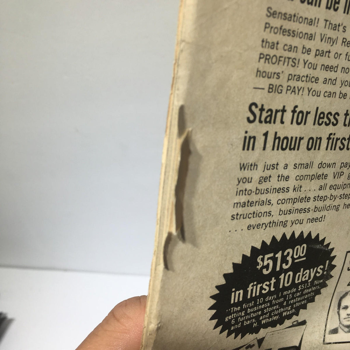Detailed view of the back cover of Wrestling Monthly Magazine May 1977, highlighting an advertisement with business promotion for vinyl repair services with a focus on earning potential.