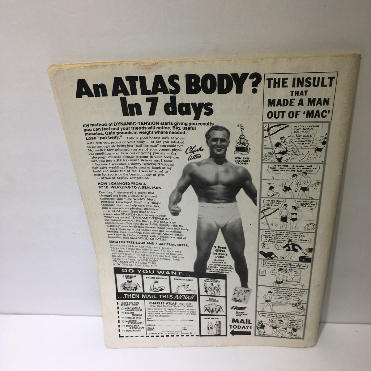 Back cover advertisement in Inside Wrestling Magazine - Victory Sports Series July 1977 promoting fitness and conditioning with a focus on achieving an 'Atlas Body' in 7 days.